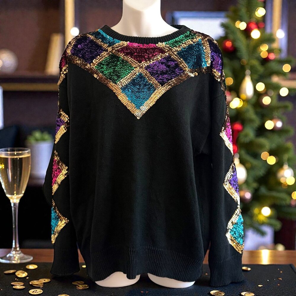 RARE Vintage RAVE Harlequin Sequin Sweater | Black Knit | Size L